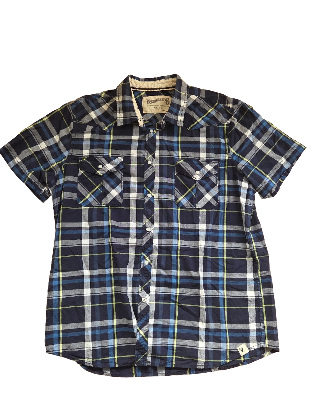 Men's Pearl Snap Western Inspired Short Sleeve Plaid Shirt By Roebuck And Co, XL